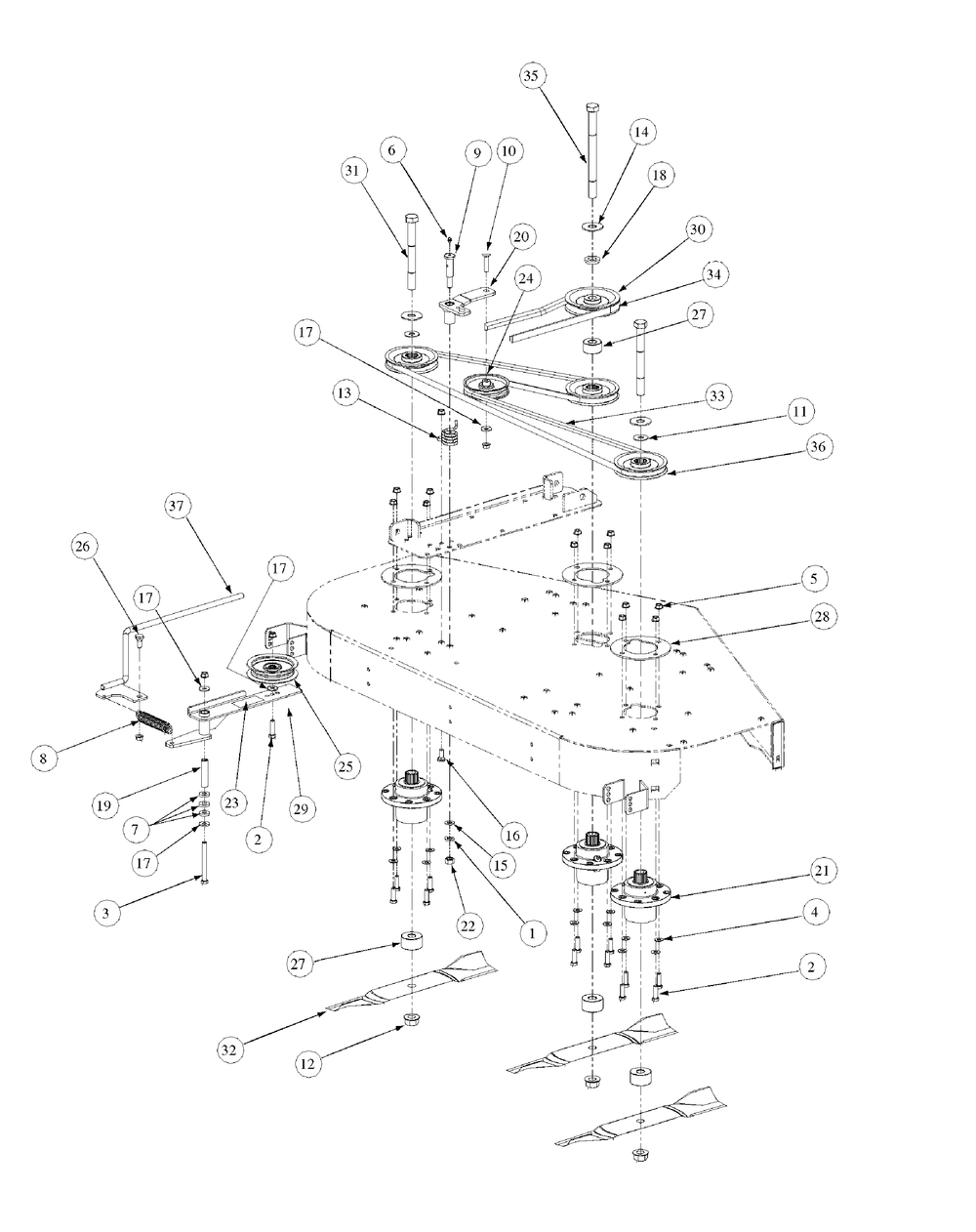 Fabricated Deck Spindle Assembly Diagram and Parts List for M54-HN 53CB5ETW750-24HP-OHV Cub Cadet Lawn Tractor